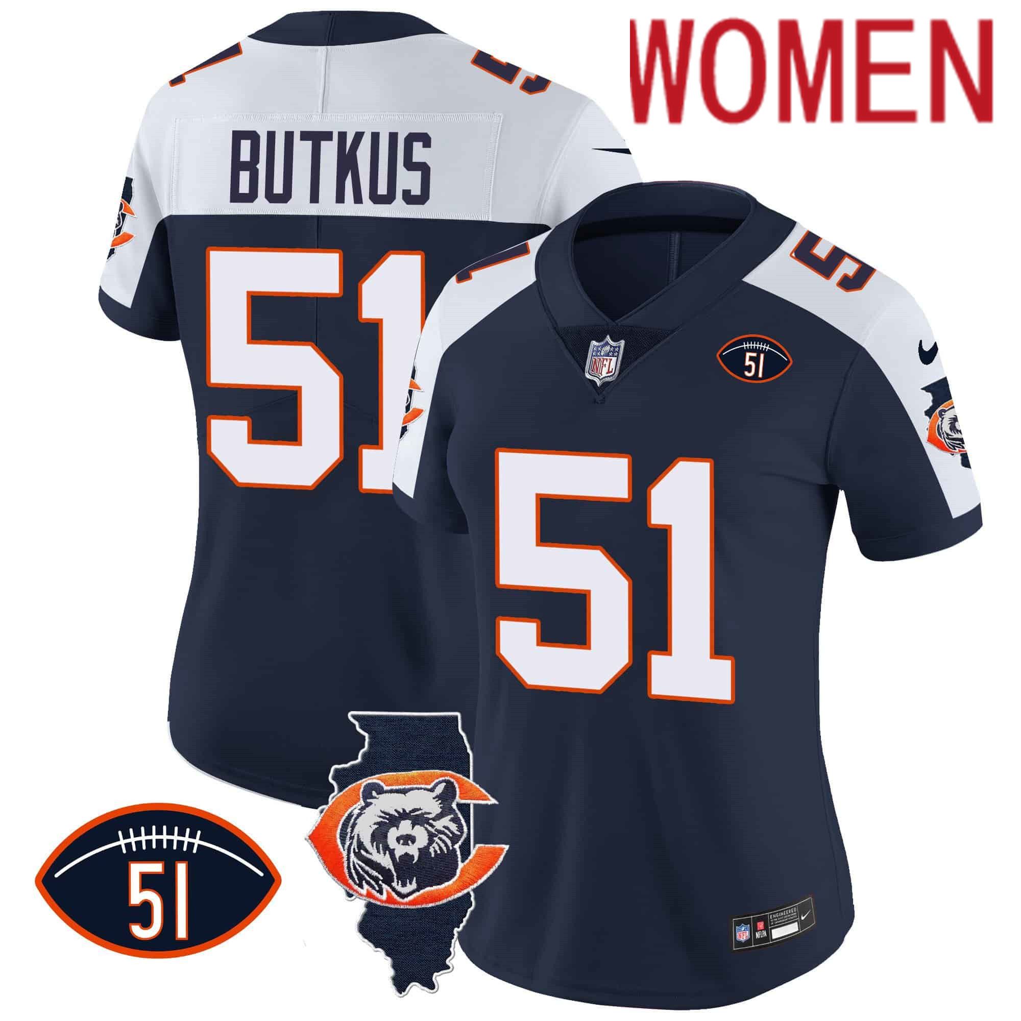 Women Chicago Bears 51 Butkus Blue 2024 Nike Throwback Illinois Patch Vapor NFL Jersey